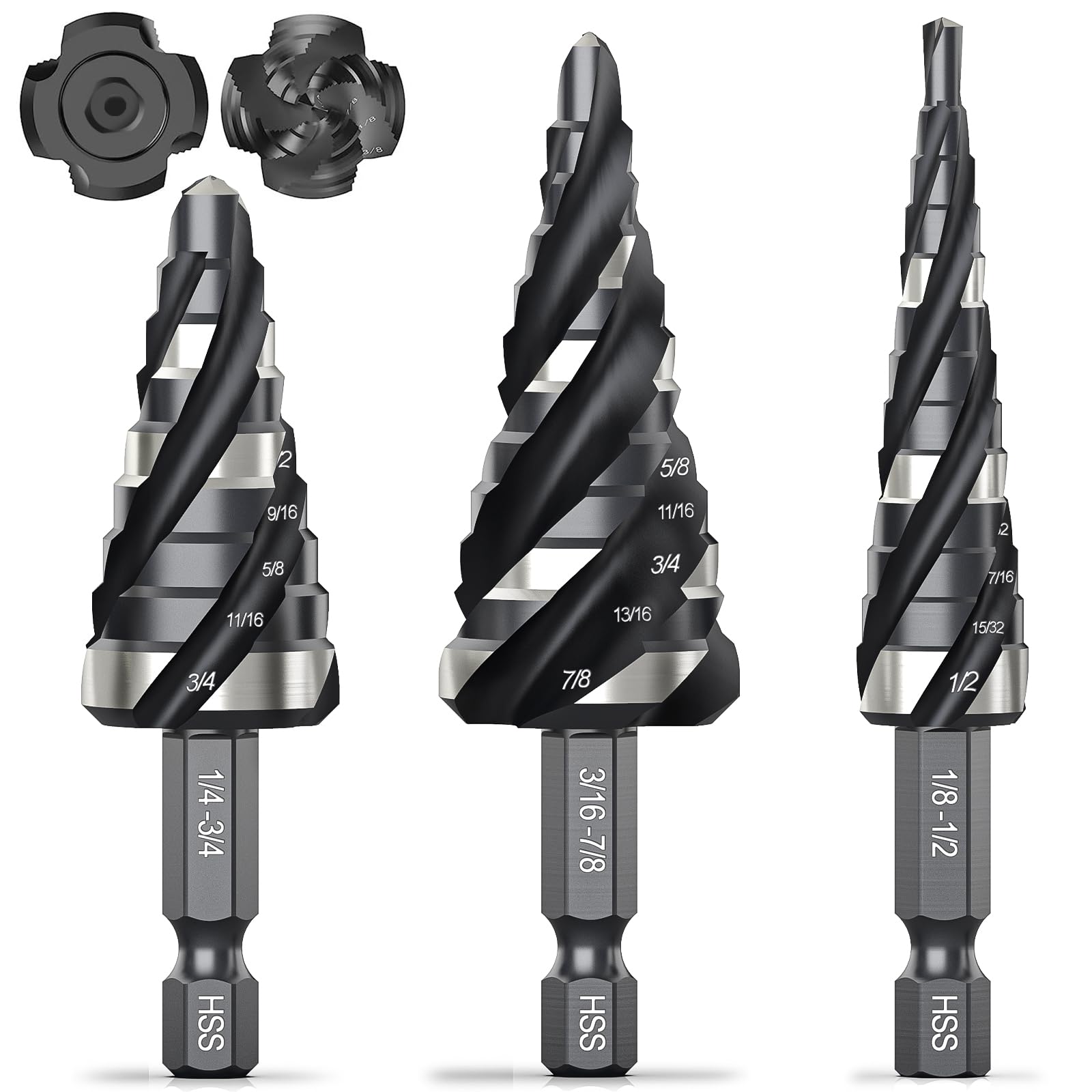 THINKWORK Four Spiral Flute Step Drill Bit Set, 3 Pcs HSS Step